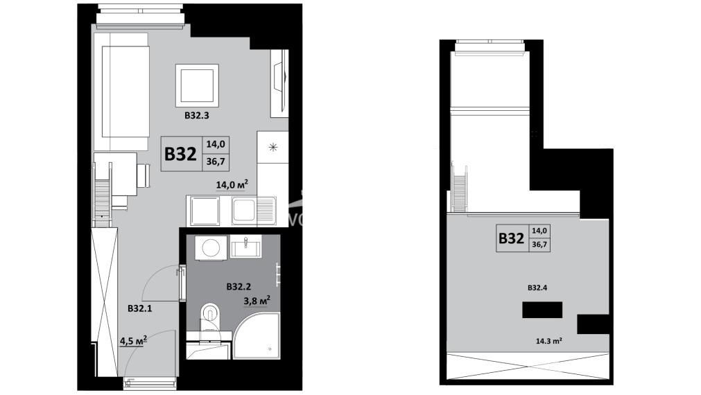 1 izbový apartmán s mezonetom KVP Grunt č. 32