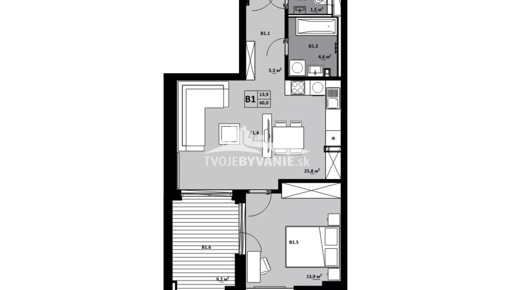 2 izbový byt s loggiou KVP Grunt č. 1